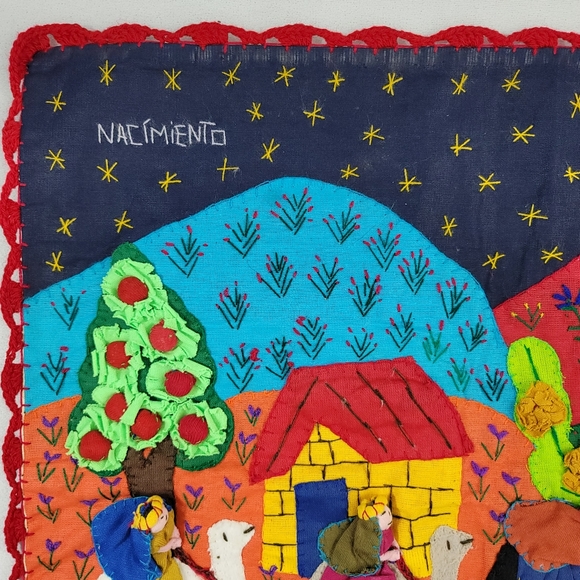 Vtg Handmade Peruvian Folk Art Nativity Scene Cotton Arpilleria - 3D Fabric Art - Picture 5 of 16